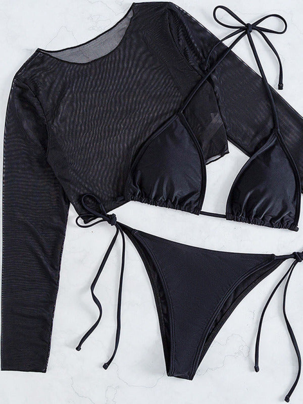 New swimwear long-sleeved mesh jacket ladies three-piece swimsuit leopard print sexy bikini - THE QUEEN RUNWAY