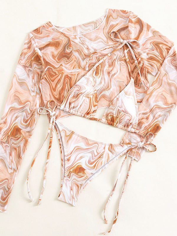 New swimwear long-sleeved mesh jacket ladies three-piece swimsuit leopard print sexy bikini - THE QUEEN RUNWAY