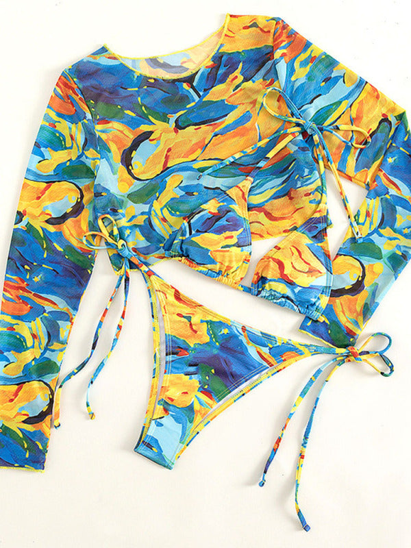 New swimwear long-sleeved mesh jacket ladies three-piece swimsuit leopard print sexy bikini - THE QUEEN RUNWAY