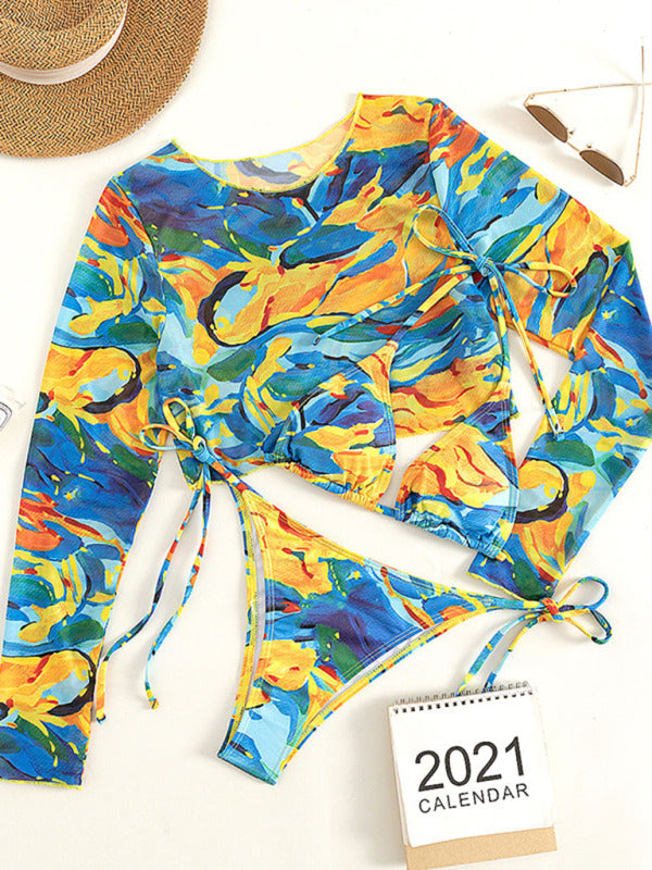 New swimwear long-sleeved mesh jacket ladies three-piece swimsuit leopard print sexy bikini - THE QUEEN RUNWAY