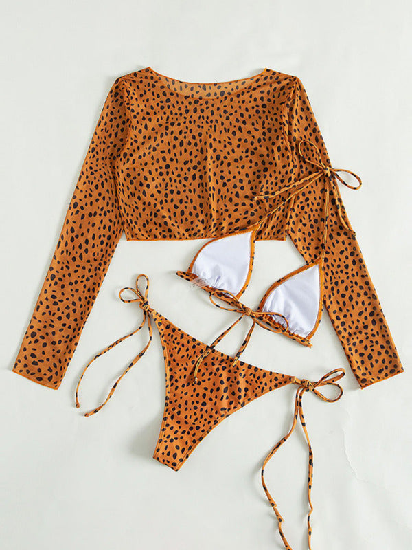 New swimwear long-sleeved mesh jacket ladies three-piece swimsuit leopard print sexy bikini - THE QUEEN RUNWAY