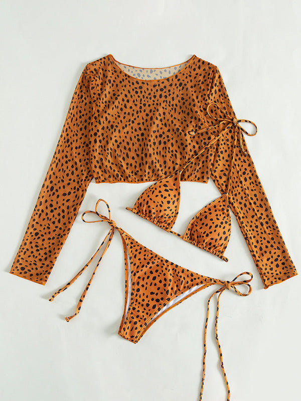 New swimwear long-sleeved mesh jacket ladies three-piece swimsuit leopard print sexy bikini - THE QUEEN RUNWAY
