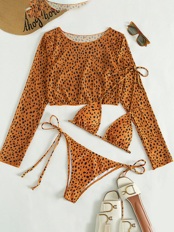 New swimwear long-sleeved mesh jacket ladies three-piece swimsuit leopard print sexy bikini - THE QUEEN RUNWAY