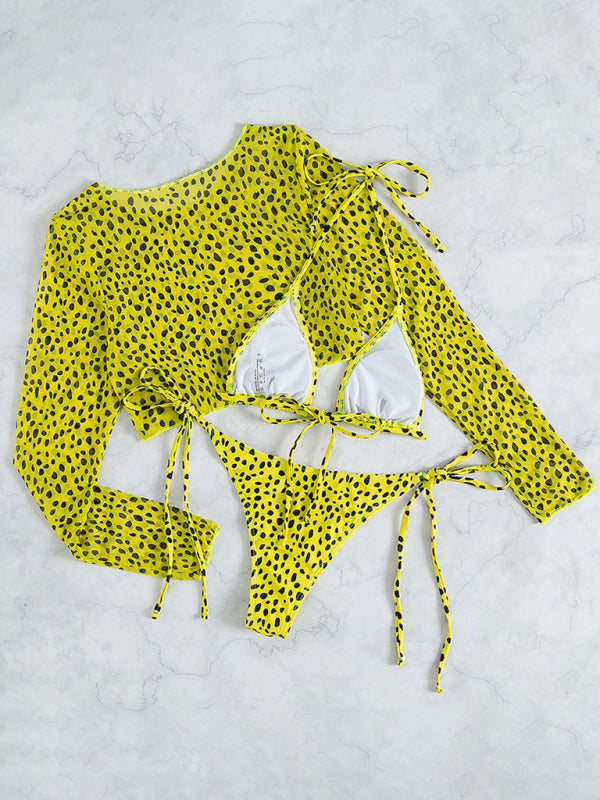 New swimwear long-sleeved mesh jacket ladies three-piece swimsuit leopard print sexy bikini - THE QUEEN RUNWAY
