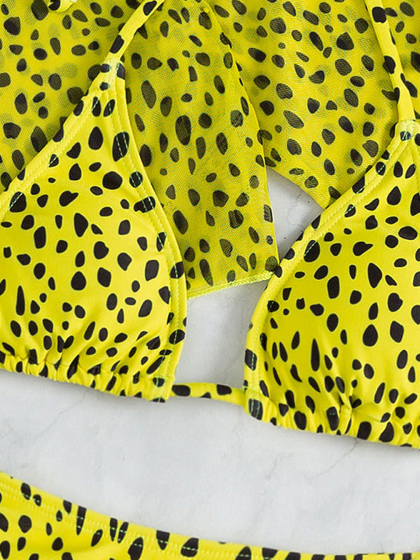 New swimwear long-sleeved mesh jacket ladies three-piece swimsuit leopard print sexy bikini - THE QUEEN RUNWAY
