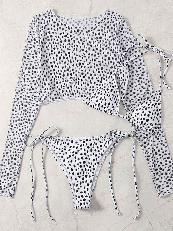 New swimwear long-sleeved mesh jacket ladies three-piece swimsuit leopard print sexy bikini - THE QUEEN RUNWAY