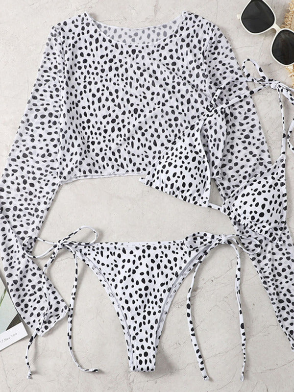 New swimwear long-sleeved mesh jacket ladies three-piece swimsuit leopard print sexy bikini - THE QUEEN RUNWAY