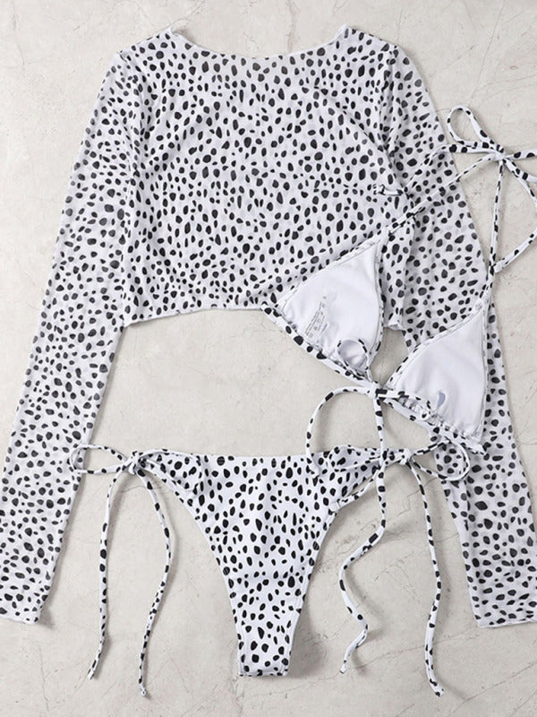 New swimwear long-sleeved mesh jacket ladies three-piece swimsuit leopard print sexy bikini - THE QUEEN RUNWAY