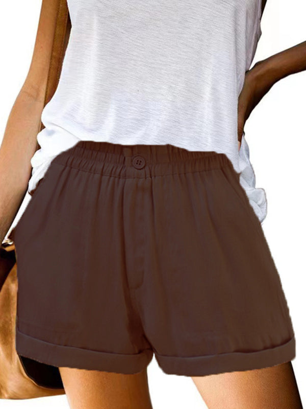 Women's Elastic Solid Color Buckle Zipper Pocket Casual Shorts - THE QUEEN RUNWAY