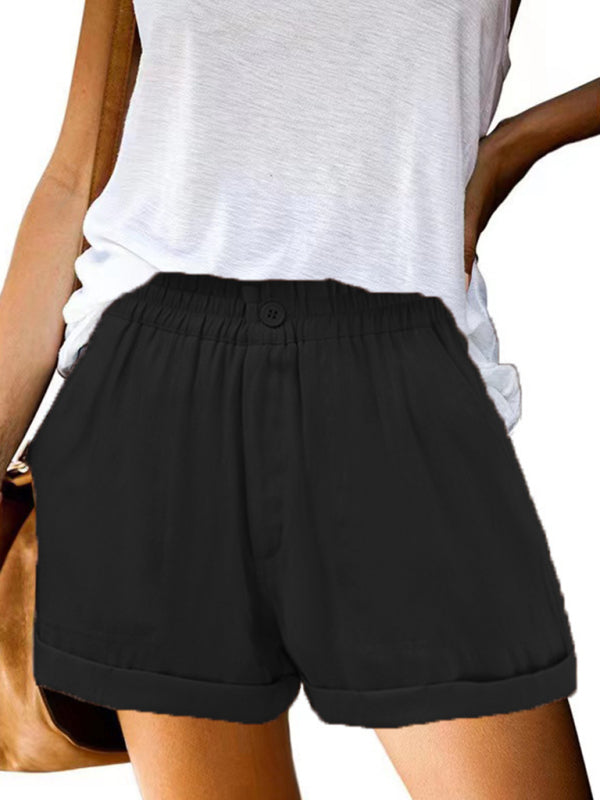 Women's Elastic Solid Color Buckle Zipper Pocket Casual Shorts - THE QUEEN RUNWAY