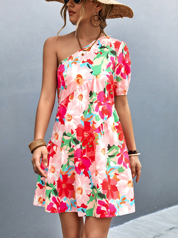 Women's Printed One Shoulder Diagonal Dress - THE QUEEN RUNWAY
