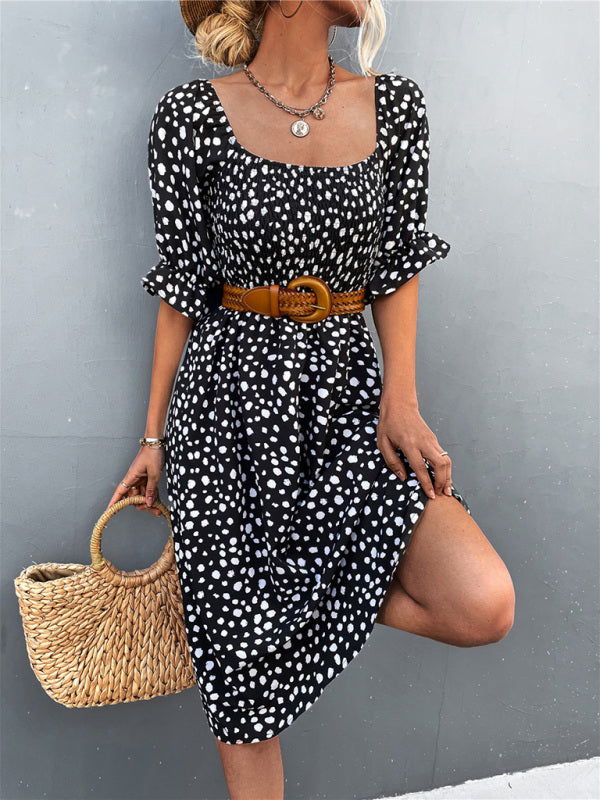 Women's Casual Fashion Square Neck One-Word Neck Two-Wear Retro Leopard Print Dress - THE QUEEN RUNWAY