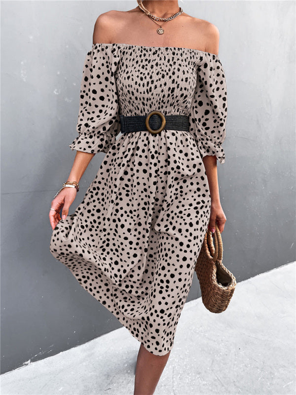 Women's Casual Fashion Square Neck One-Word Neck Two-Wear Retro Leopard Print Dress - THE QUEEN RUNWAY