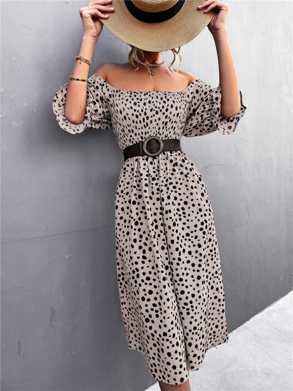 Women's Casual Fashion Square Neck One-Word Neck Two-Wear Retro Leopard Print Dress - THE QUEEN RUNWAY