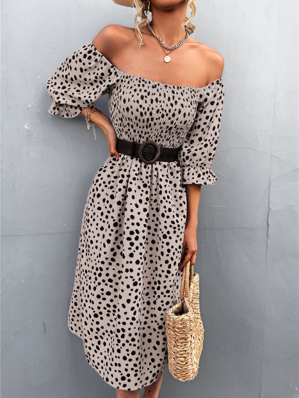 Women's Casual Fashion Square Neck One-Word Neck Two-Wear Retro Leopard Print Dress - THE QUEEN RUNWAY