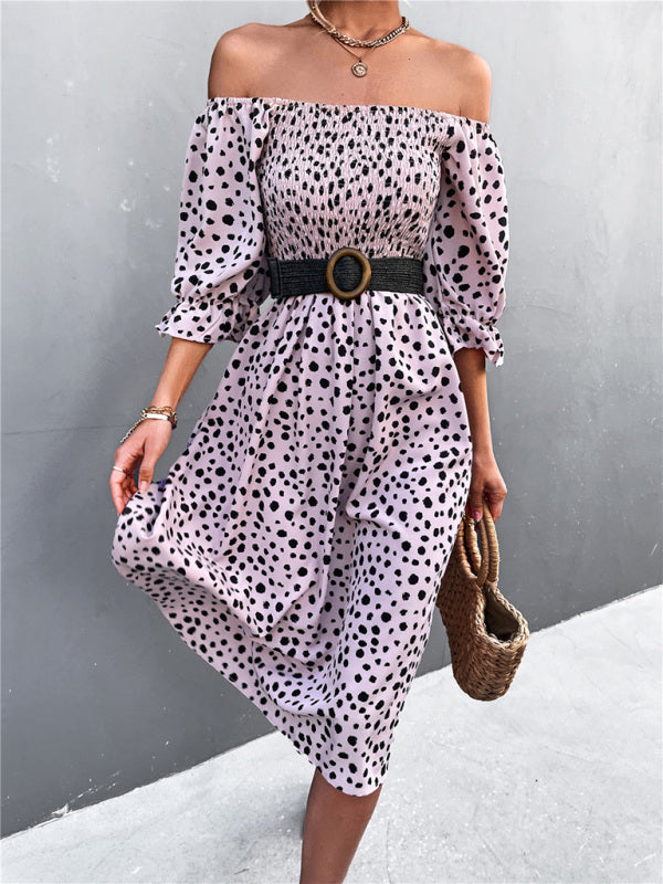 Women's Casual Fashion Square Neck One-Word Neck Two-Wear Retro Leopard Print Dress - THE QUEEN RUNWAY