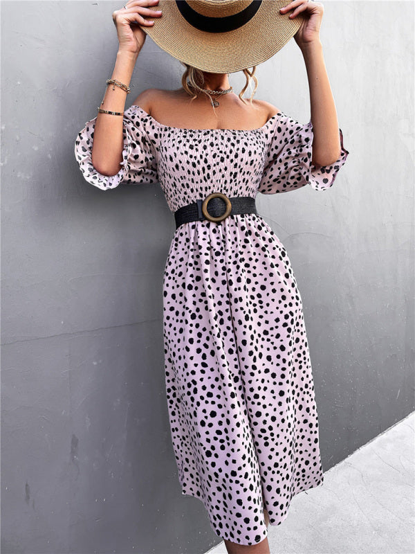 Women's Casual Fashion Square Neck One-Word Neck Two-Wear Retro Leopard Print Dress - THE QUEEN RUNWAY
