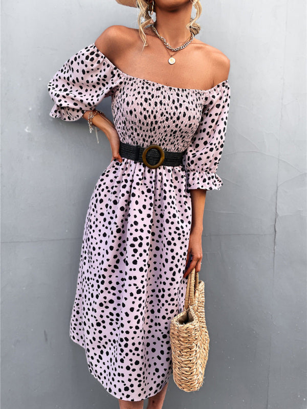 Women's Casual Fashion Square Neck One-Word Neck Two-Wear Retro Leopard Print Dress - THE QUEEN RUNWAY