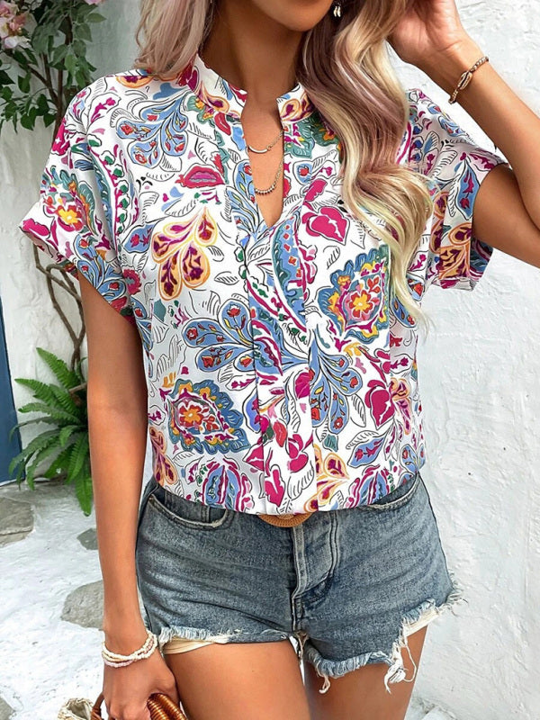 Women's Fashion Painted Printing V-neck Short Sleeve Top - THE QUEEN RUNWAY