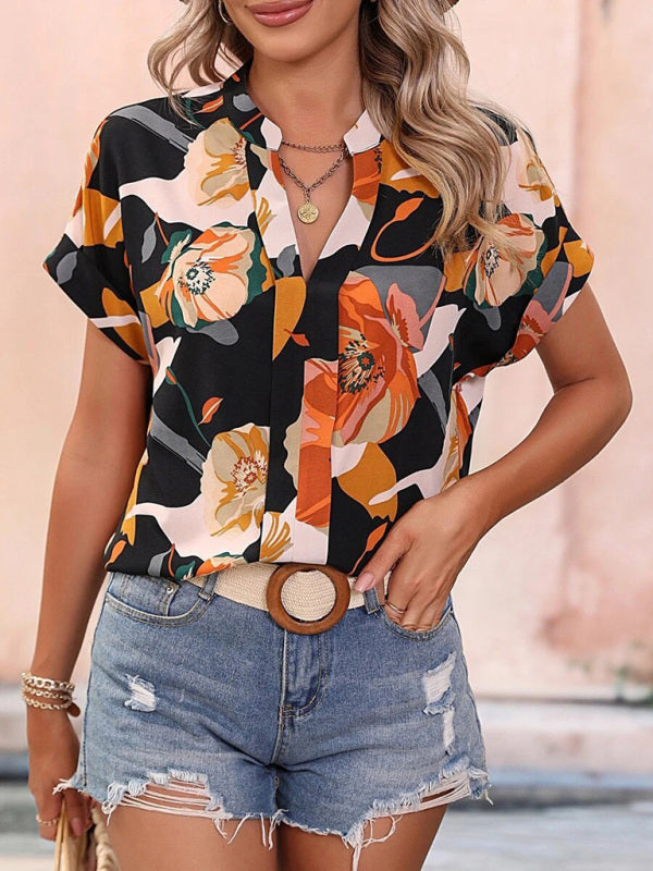 Women's Fashion Painted Printing V-neck Short Sleeve Top - THE QUEEN RUNWAY