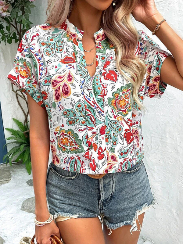 Women's Fashion Painted Printing V-neck Short Sleeve Top - THE QUEEN RUNWAY