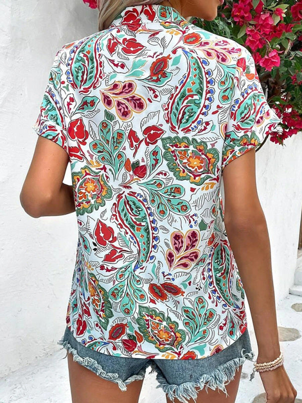 Women's Fashion Painted Printing V-neck Short Sleeve Top - THE QUEEN RUNWAY