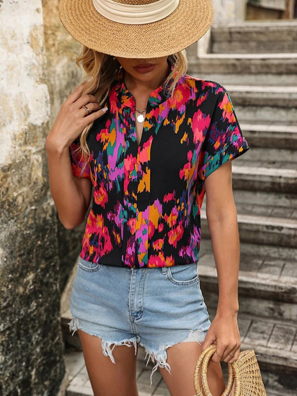 Women's Fashion Painted Printing V-neck Short Sleeve Top - THE QUEEN RUNWAY