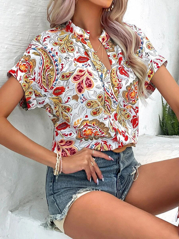 Women's Fashion Painted Printing V-neck Short Sleeve Top - THE QUEEN RUNWAY