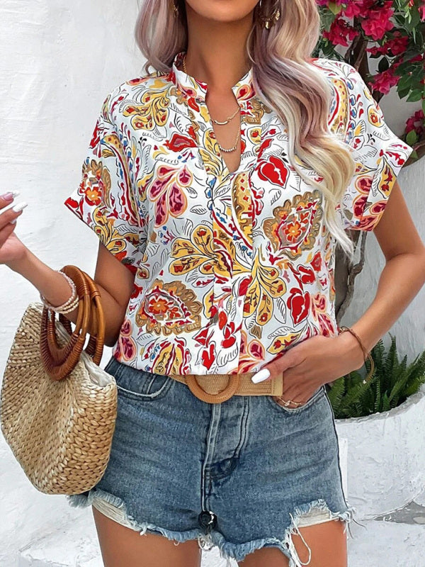 Women's Fashion Painted Printing V-neck Short Sleeve Top - THE QUEEN RUNWAY