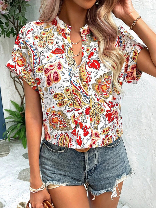 Women's Fashion Painted Printing V-neck Short Sleeve Top - THE QUEEN RUNWAY