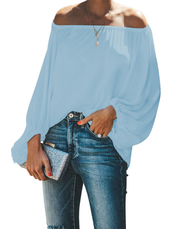 Women's off-shoulder solid color simple lantern sleeve loose long-sleeved top - THE QUEEN RUNWAY