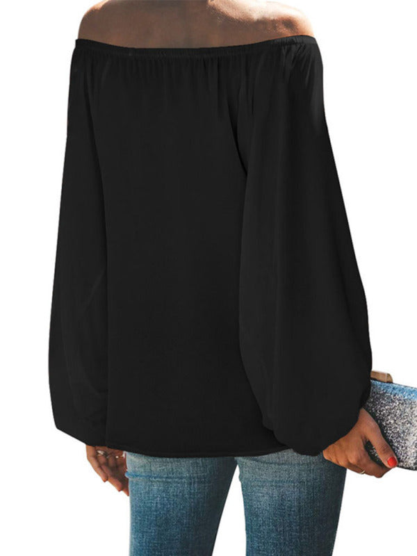 Women's off-shoulder solid color simple lantern sleeve loose long-sleeved top - THE QUEEN RUNWAY