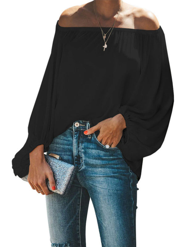 Women's off-shoulder solid color simple lantern sleeve loose long-sleeved top - THE QUEEN RUNWAY