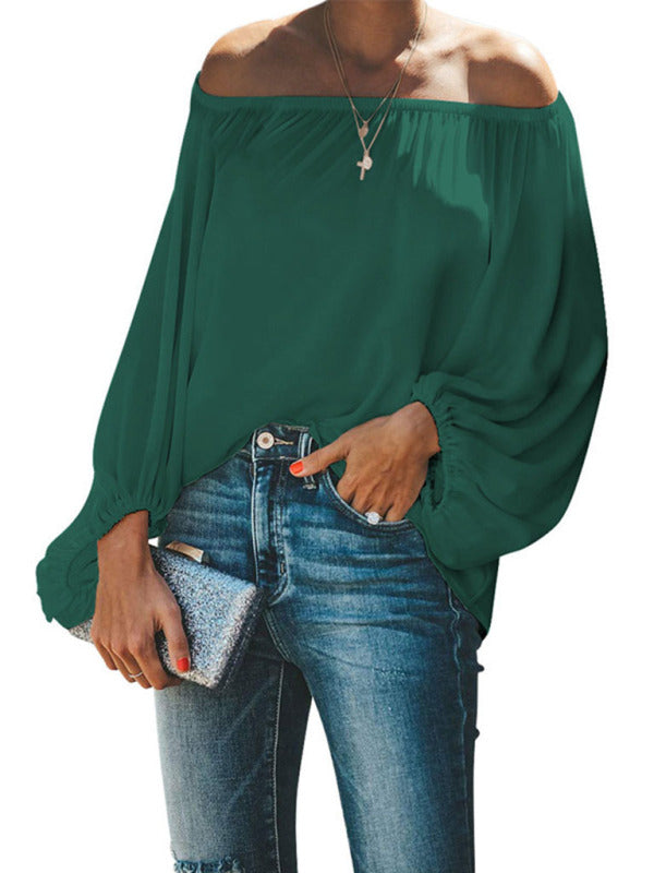 Women's off-shoulder solid color simple lantern sleeve loose long-sleeved top - THE QUEEN RUNWAY