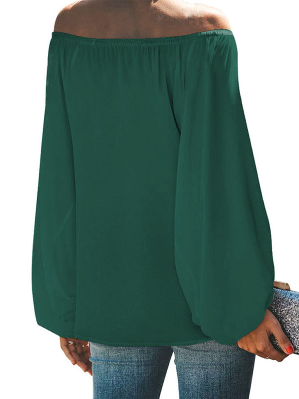 Women's off-shoulder solid color simple lantern sleeve loose long-sleeved top - THE QUEEN RUNWAY