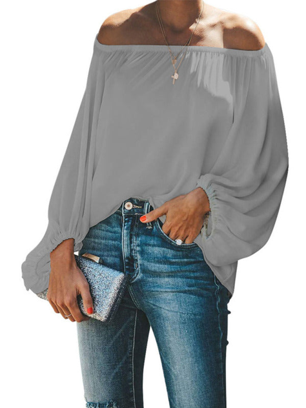 Women's off-shoulder solid color simple lantern sleeve loose long-sleeved top - THE QUEEN RUNWAY
