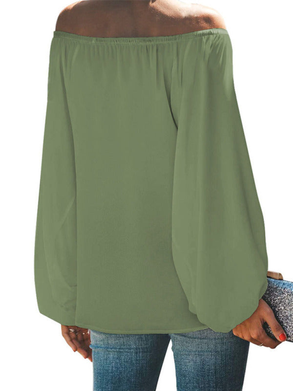 Women's off-shoulder solid color simple lantern sleeve loose long-sleeved top - THE QUEEN RUNWAY