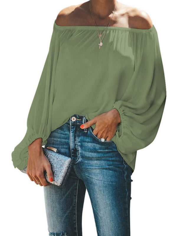Women's off-shoulder solid color simple lantern sleeve loose long-sleeved top - THE QUEEN RUNWAY