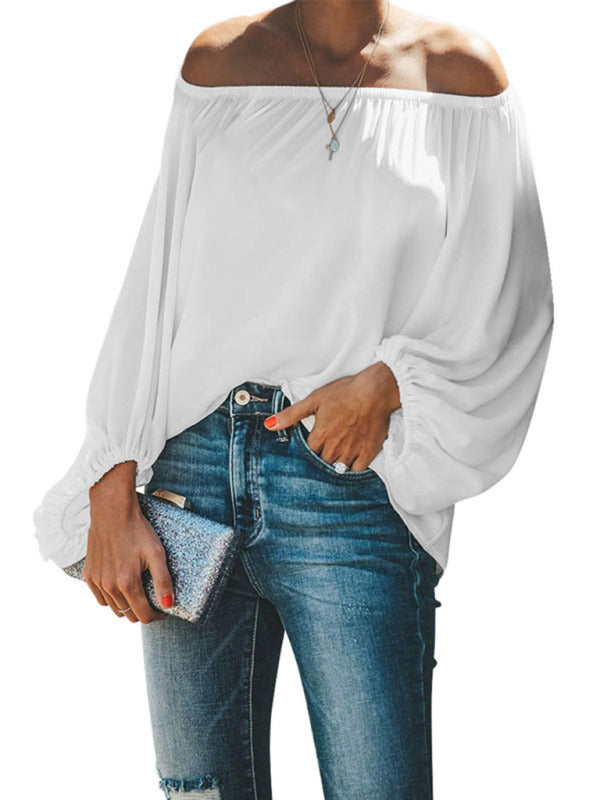 Women's off-shoulder solid color simple lantern sleeve loose long-sleeved top - THE QUEEN RUNWAY