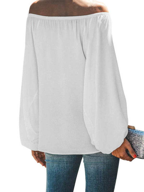 Women's off-shoulder solid color simple lantern sleeve loose long-sleeved top - THE QUEEN RUNWAY