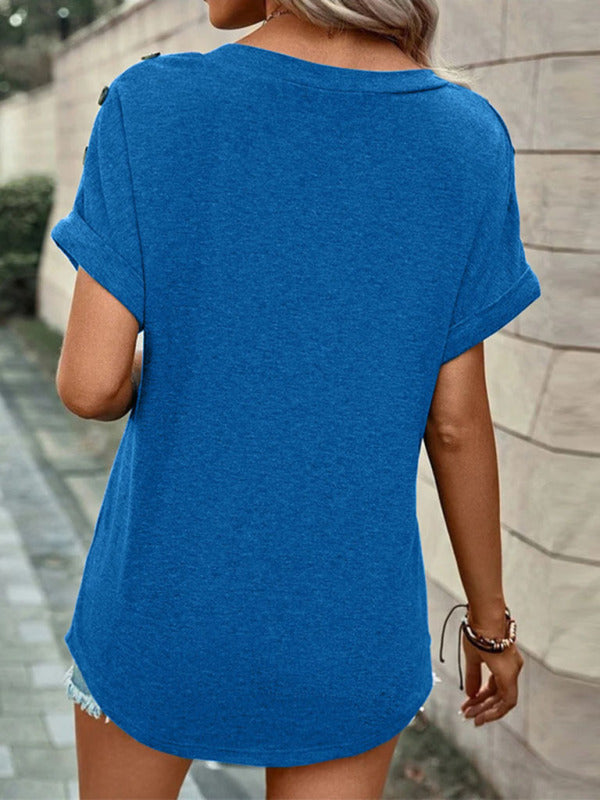 Women's Casual Solid Color Button Short Sleeve T-Shirt - THE QUEEN RUNWAY