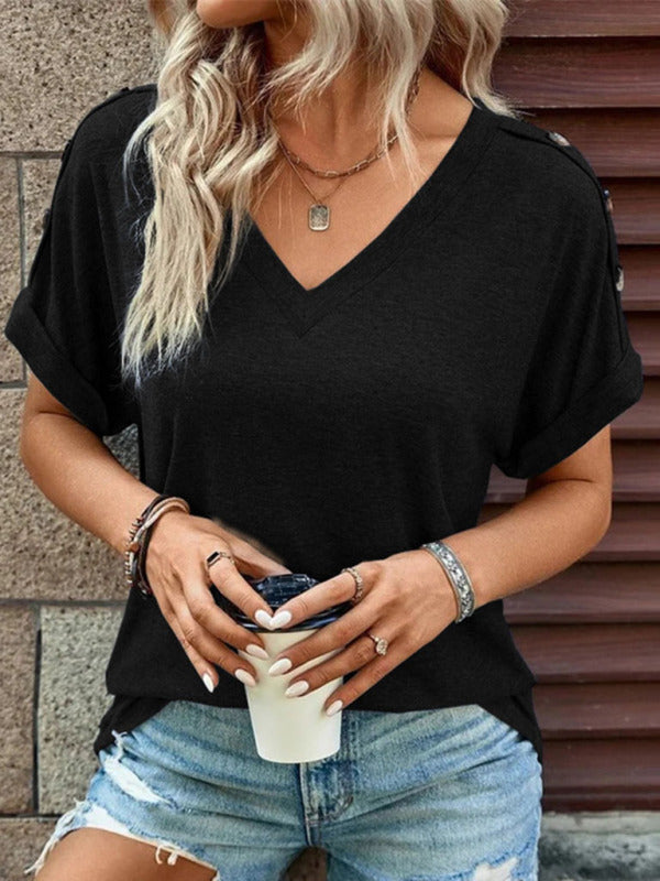 Women's Casual Solid Color Button Short Sleeve T-Shirt - THE QUEEN RUNWAY