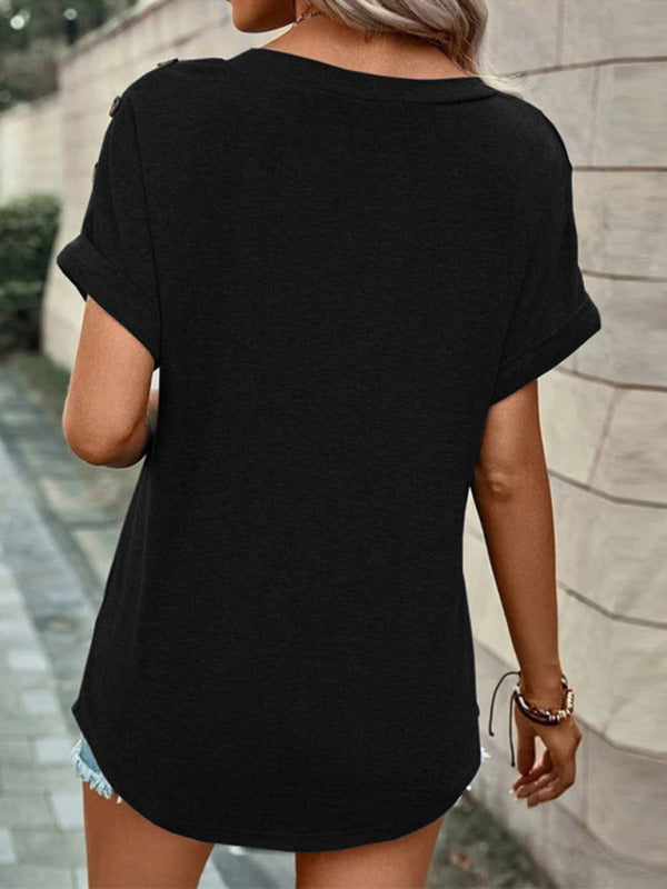 Women's Casual Solid Color Button Short Sleeve T-Shirt - THE QUEEN RUNWAY