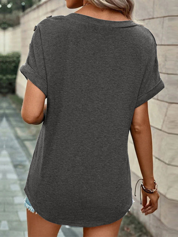 Women's Casual Solid Color Button Short Sleeve T-Shirt - THE QUEEN RUNWAY