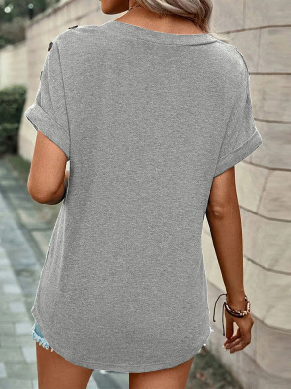 Women's Casual Solid Color Button Short Sleeve T-Shirt - THE QUEEN RUNWAY