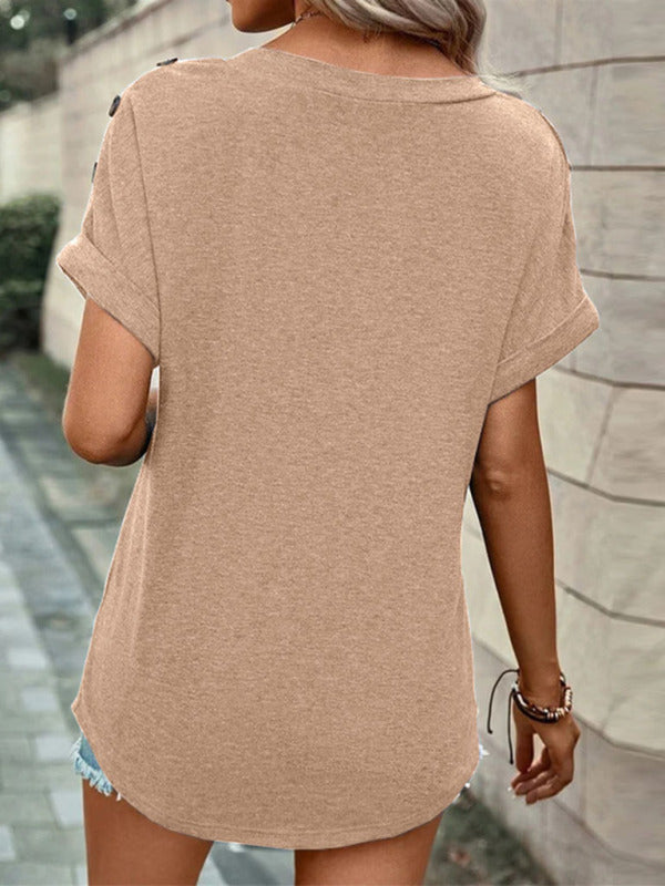 Women's Casual Solid Color Button Short Sleeve T-Shirt - THE QUEEN RUNWAY
