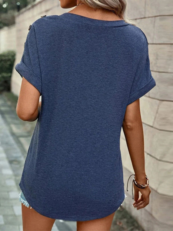 Women's Casual Solid Color Button Short Sleeve T-Shirt - THE QUEEN RUNWAY