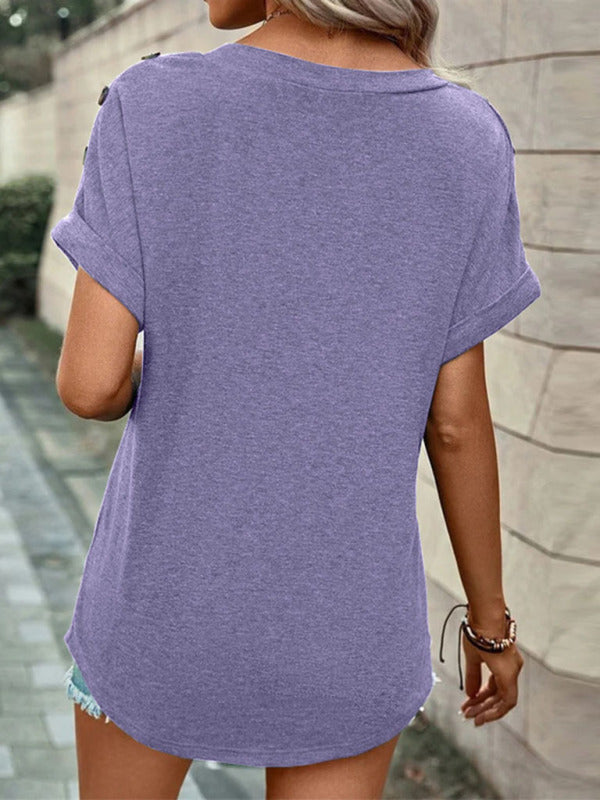 Women's Casual Solid Color Button Short Sleeve T-Shirt - THE QUEEN RUNWAY