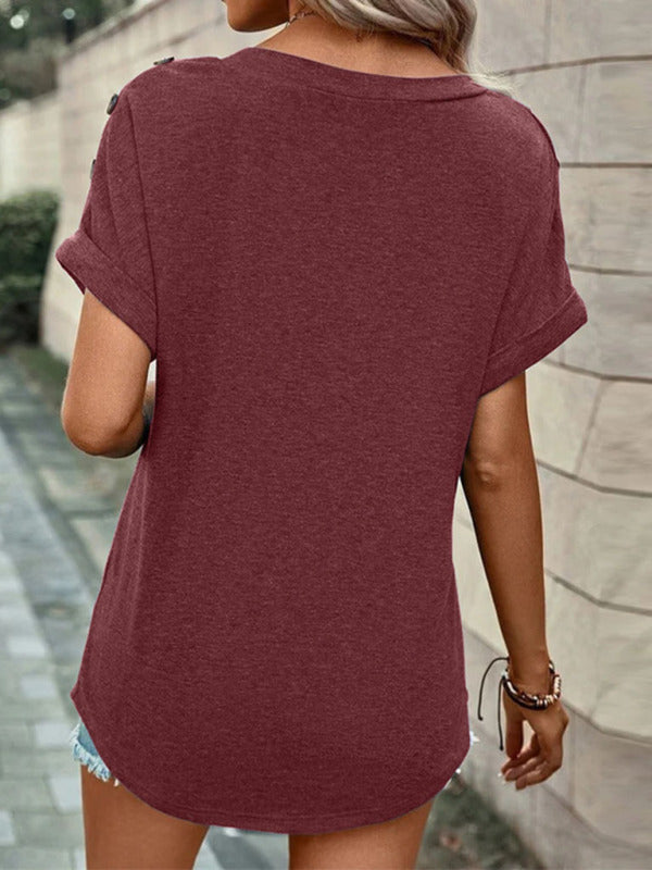 Women's Casual Solid Color Button Short Sleeve T-Shirt - THE QUEEN RUNWAY