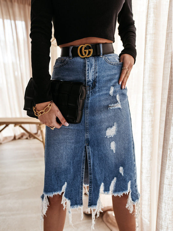 Women's Casual Washed Irregular Ripped Fringed Denim Skirt - THE QUEEN RUNWAY